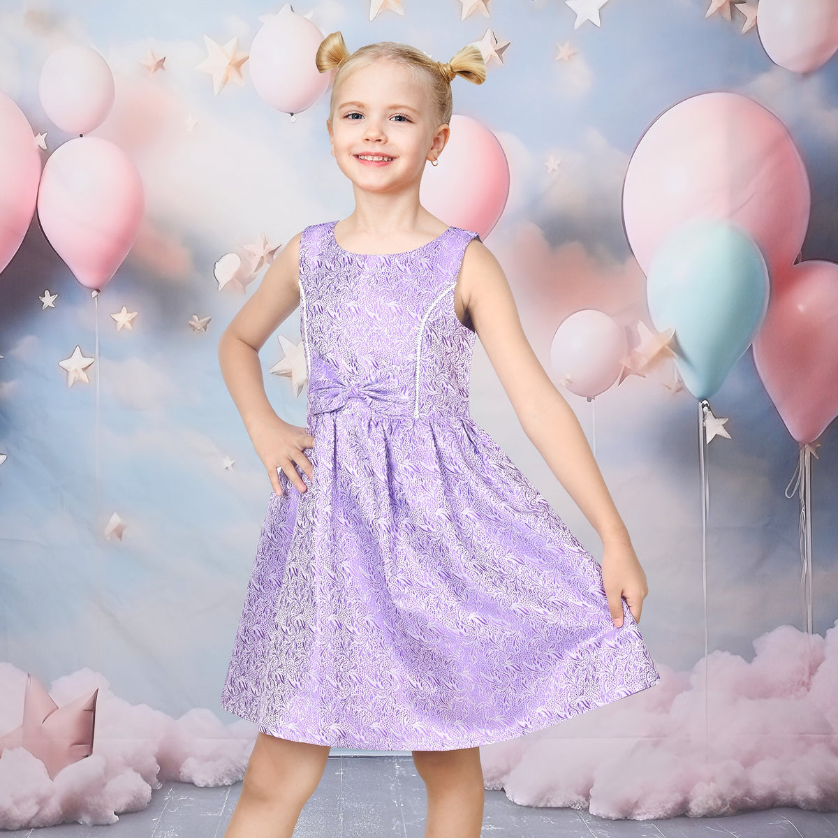 Girls Dress Gray Bow Jacquard Flared Sleeveless Princess Wedding Formal Special - Shiny Purple