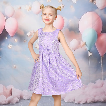 Girls Dress Gray Bow Jacquard Flared Sleeveless Princess Wedding Formal Special - Shiny Purple