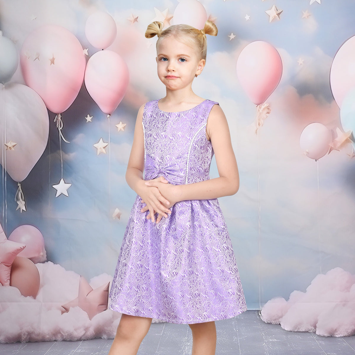 Girls Dress Gray Bow Jacquard Flared Sleeveless Princess Wedding Formal Special - Shiny Purple