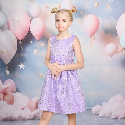 Girls Dress Gray Bow Jacquard Flared Sleeveless Princess Wedding Formal Special - Shiny Purple