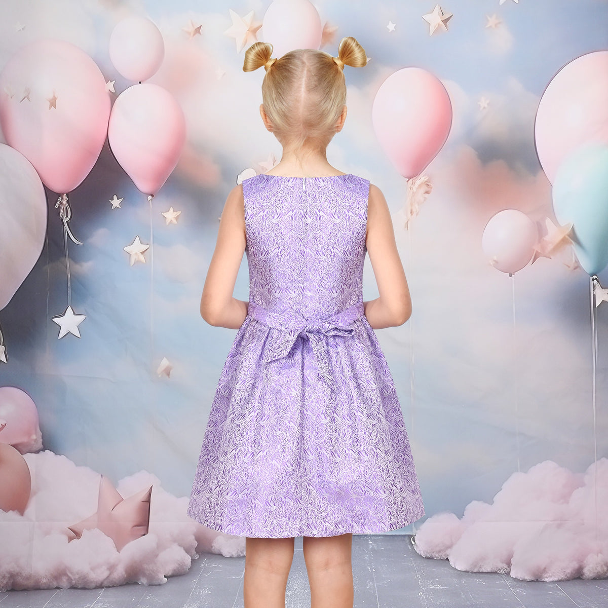 Girls Dress Gray Bow Jacquard Flared Sleeveless Princess Wedding Formal Special - Shiny Purple