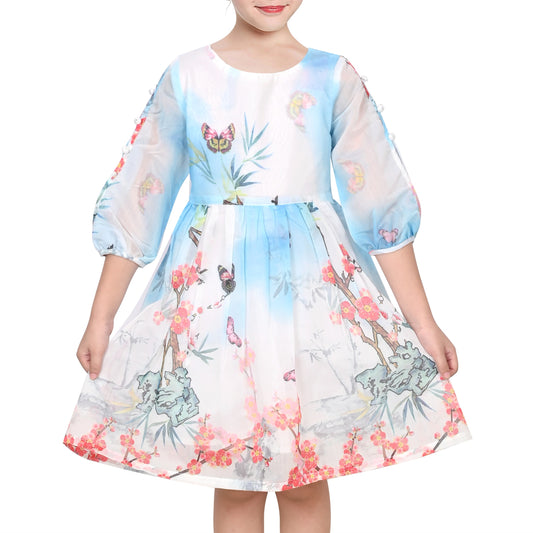 Girls Dress Floral Butterfly Organza Pearl Button Slit 3/4 Sleeve Traditional Party Blue