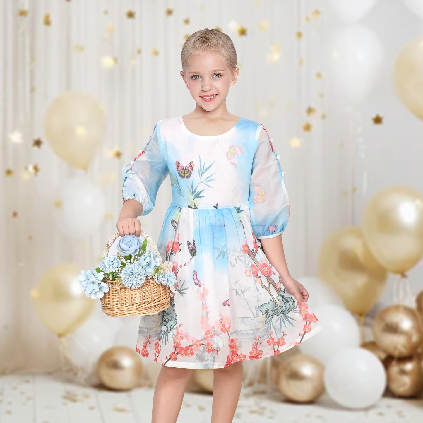 Girls Dress Floral Butterfly Organza Pearl Button Slit 3/4 Sleeve Traditional Party Blue