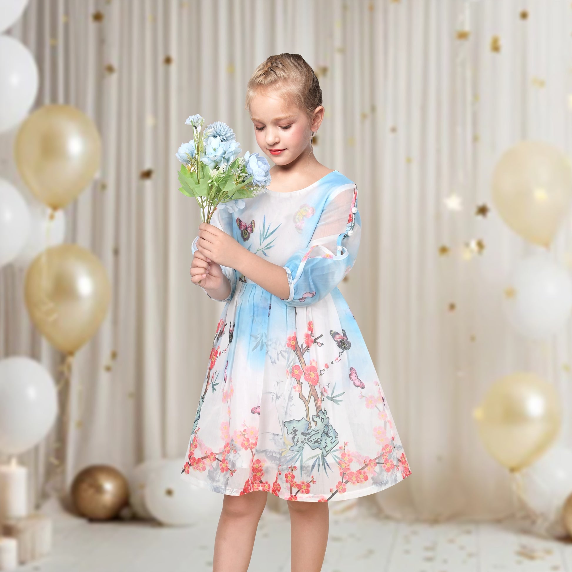 Girls Dress Floral Butterfly Organza Pearl Button Slit 3/4 Sleeve Traditional Party Blue