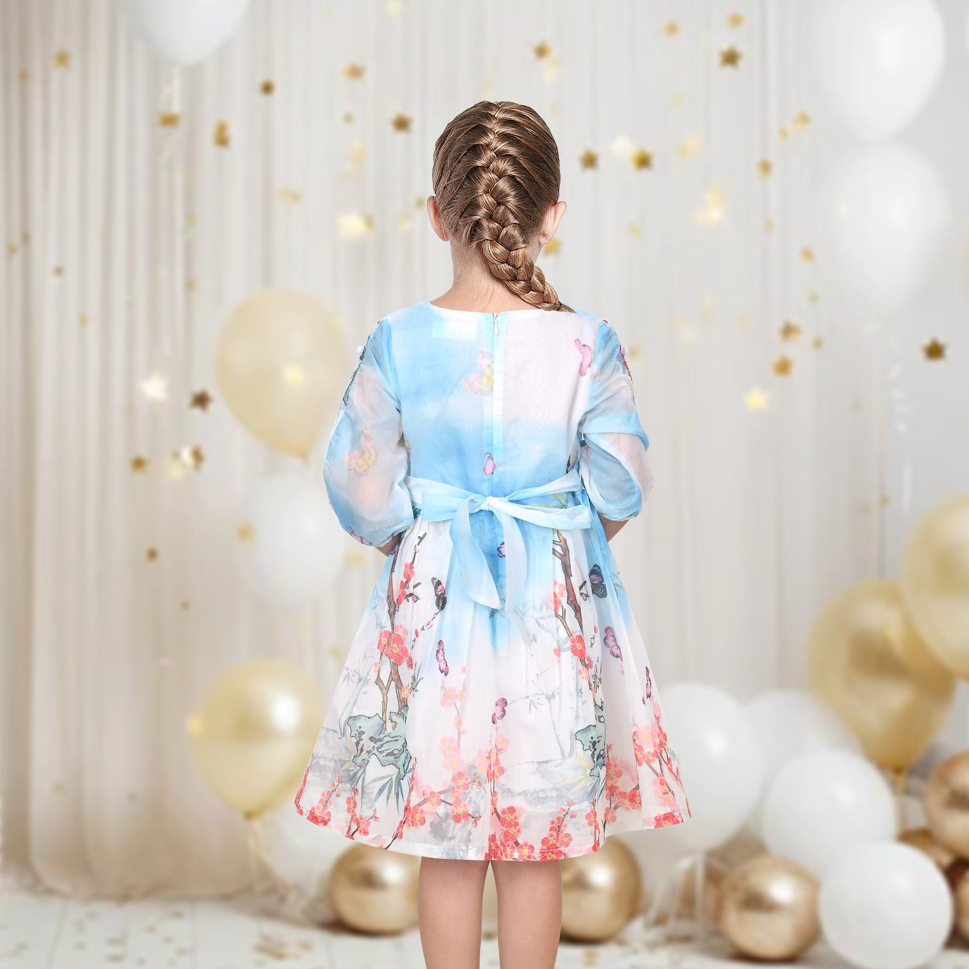 Girls Dress Floral Butterfly Organza Pearl Button Slit 3/4 Sleeve Traditional Party Blue
