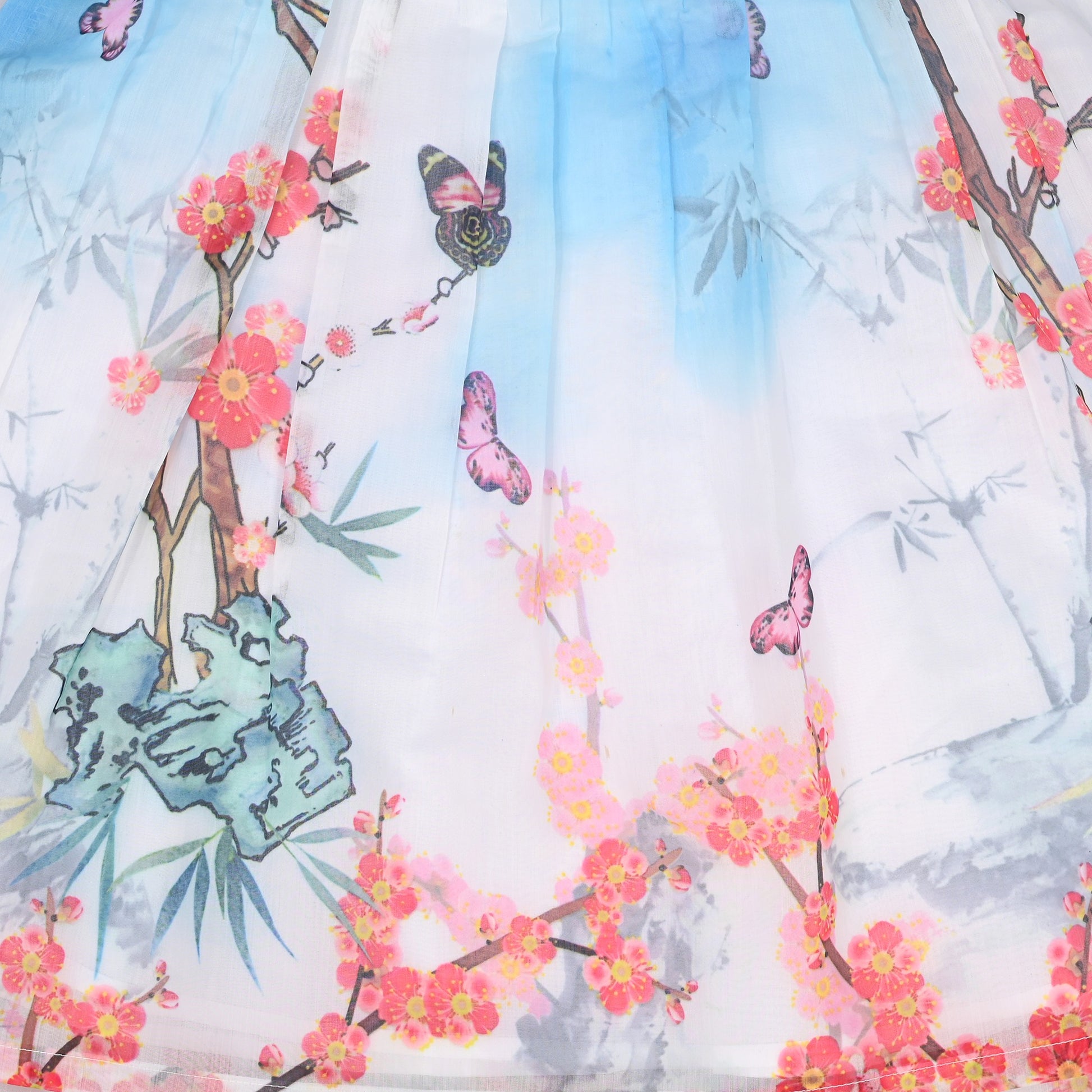 Girls Dress Floral Butterfly Organza Pearl Button Slit 3/4 Sleeve Traditional Party Blue
