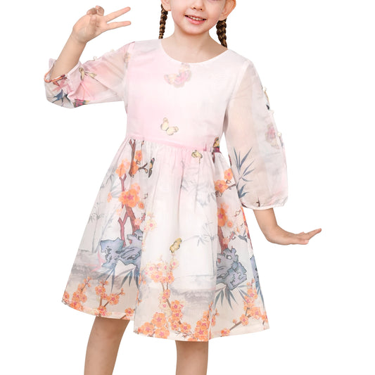 Girls Dress Floral Butterfly Organza Pearl Button Slit 3/4 Sleeve Traditional Party Pink
