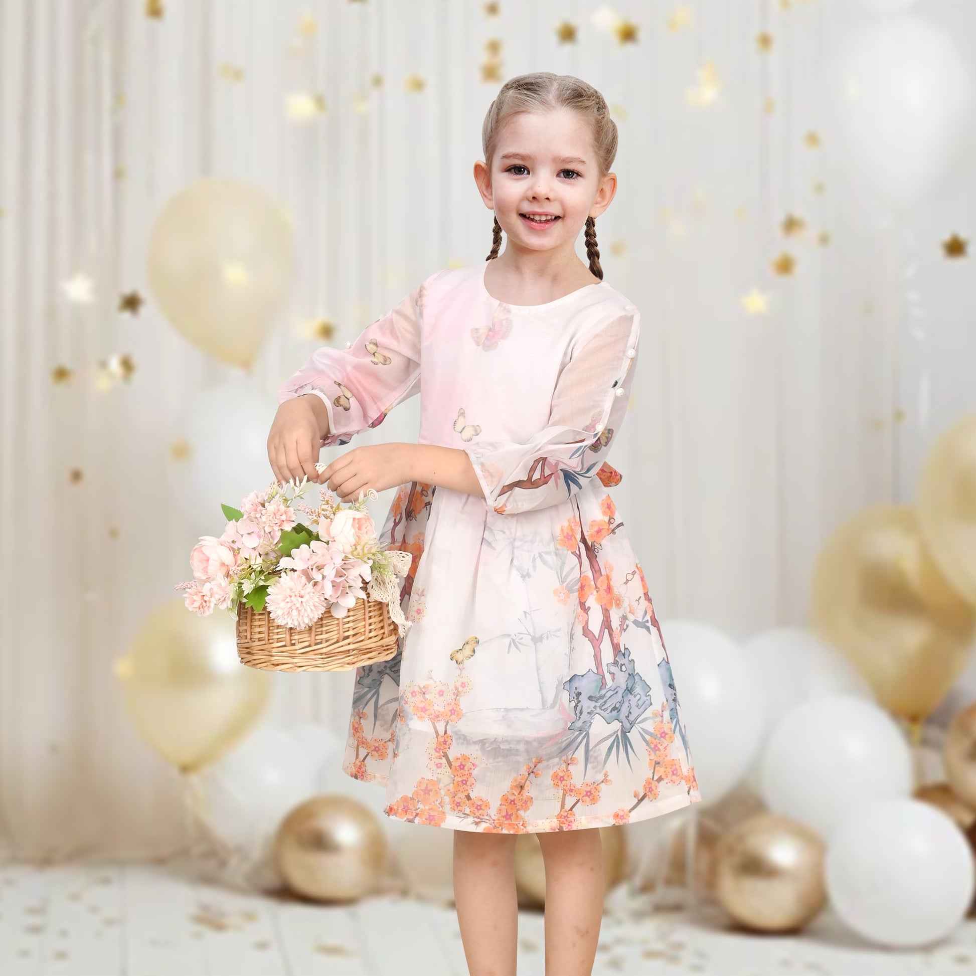 Girls Dress Floral Butterfly Organza Pearl Button Slit 3/4 Sleeve Traditional Party Pink