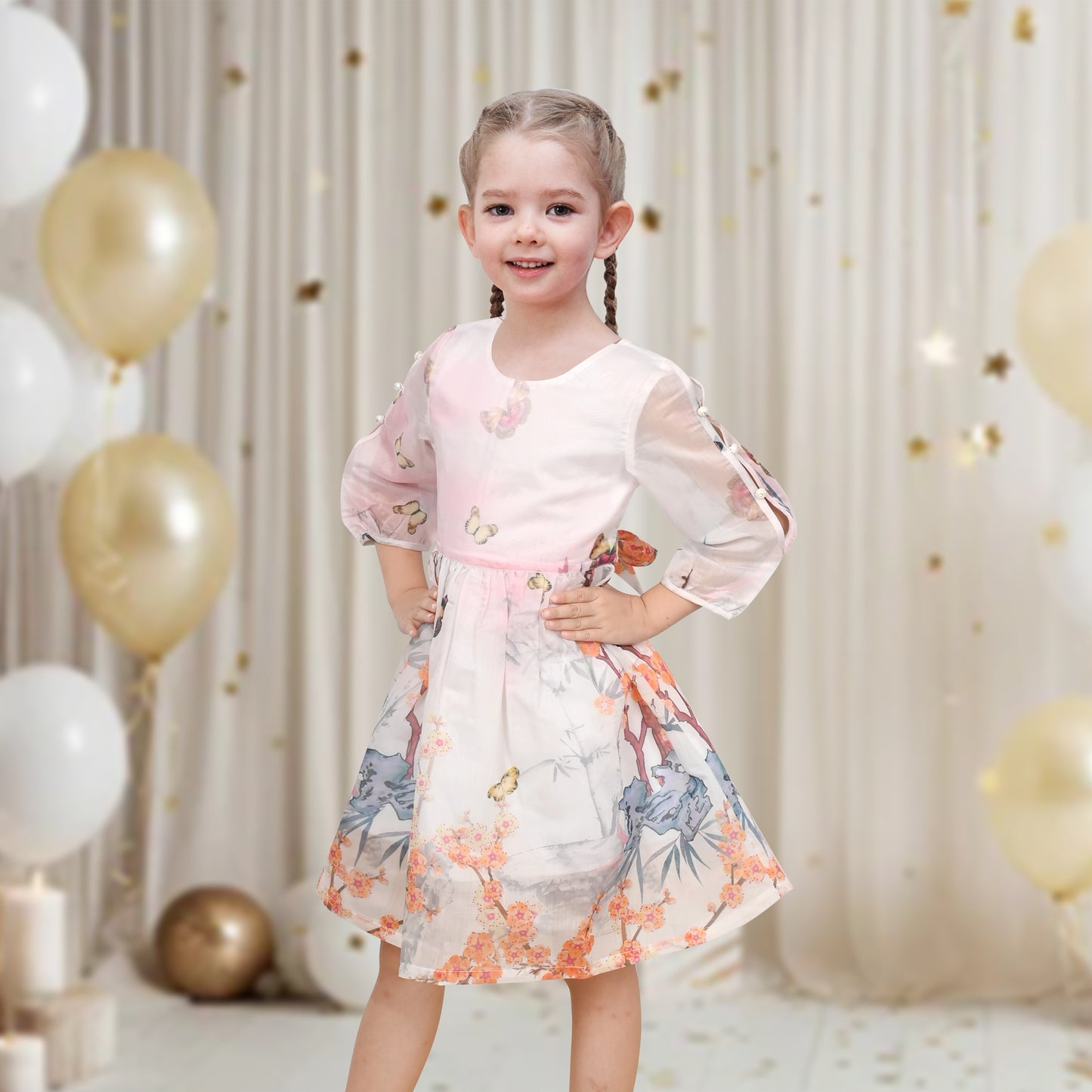 Girls Dress Floral Butterfly Organza Pearl Button Slit 3/4 Sleeve Traditional Party Pink