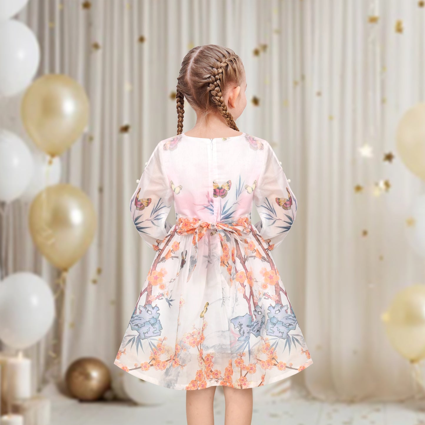 Girls Dress Floral Butterfly Organza Pearl Button Slit 3/4 Sleeve Traditional Party Pink