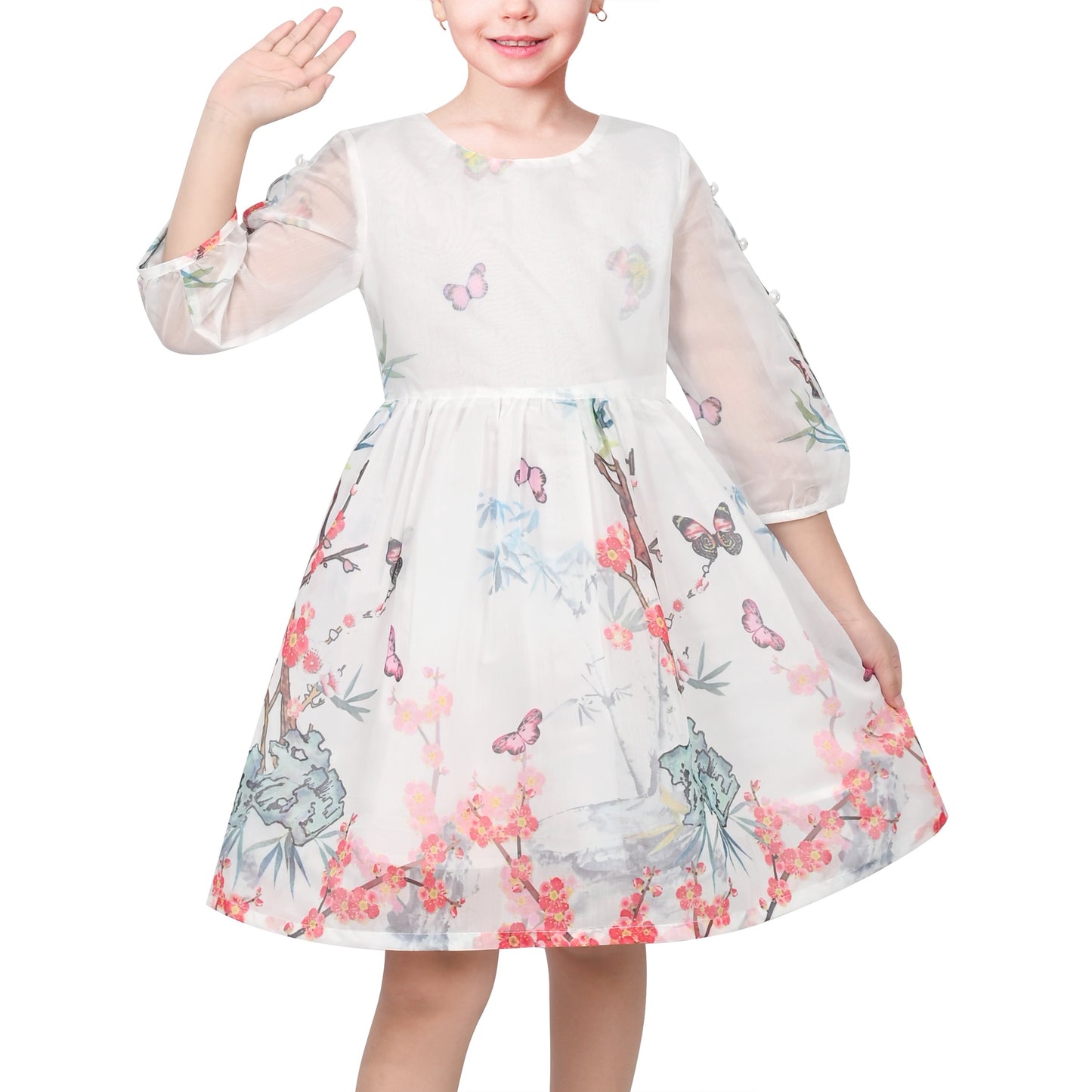 Girls Dress Floral Butterfly Organza Pearl Button Slit 3/4 Sleeve Traditional Party White