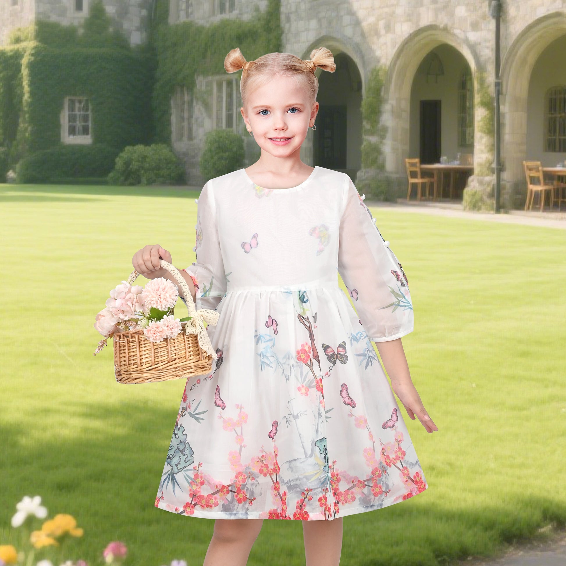 Girls Dress Floral Butterfly Organza Pearl Button Slit 3/4 Sleeve Traditional Party White