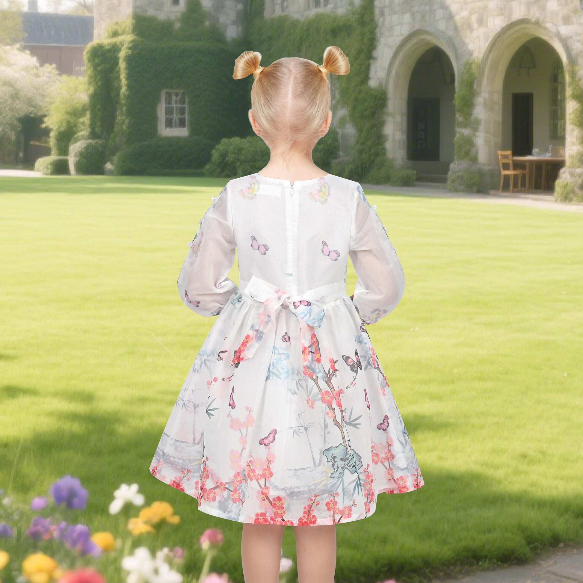 Girls Dress Floral Butterfly Organza Pearl Button Slit 3/4 Sleeve Traditional Party White