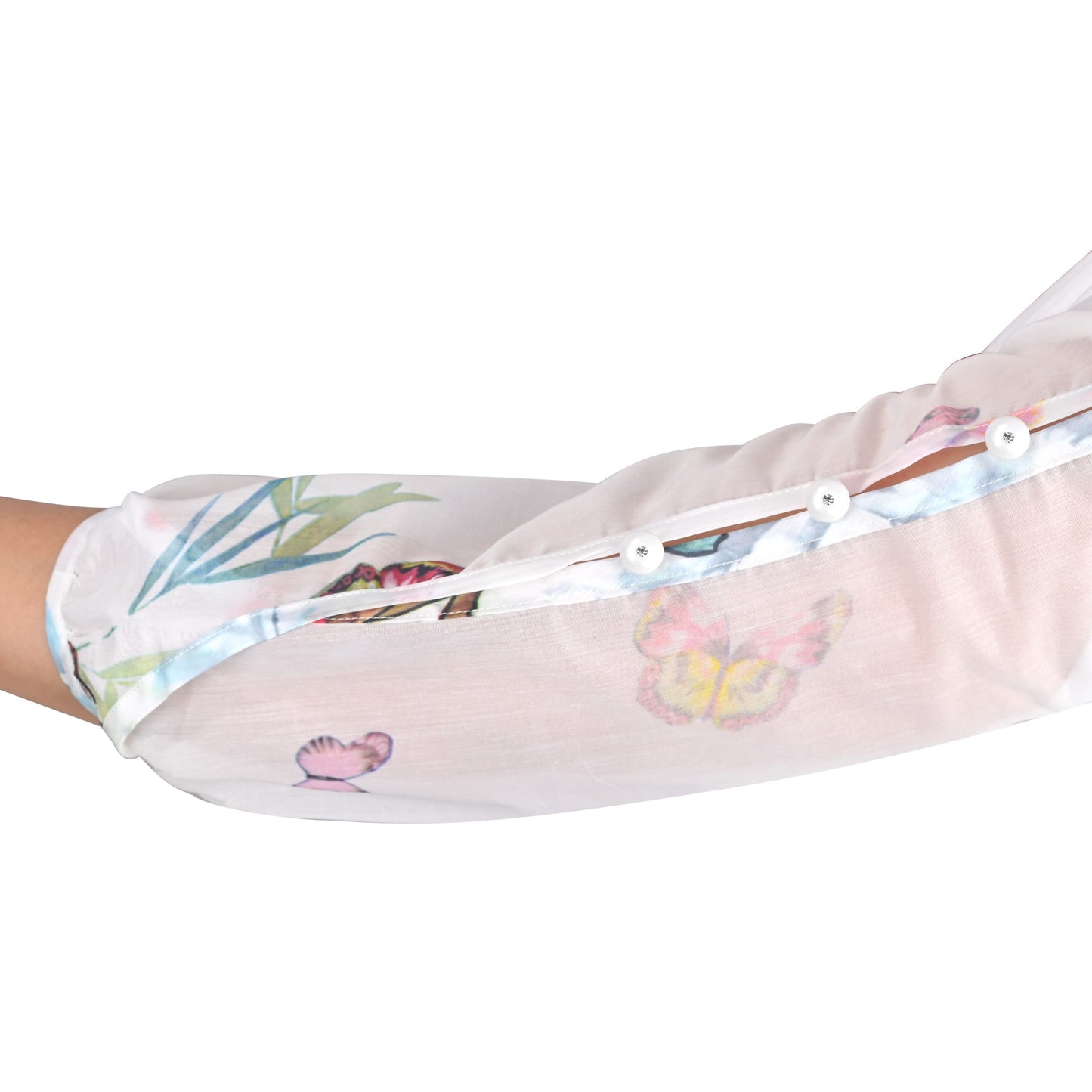 Girls Dress Floral Butterfly Organza Pearl Button Slit 3/4 Sleeve Traditional Party White