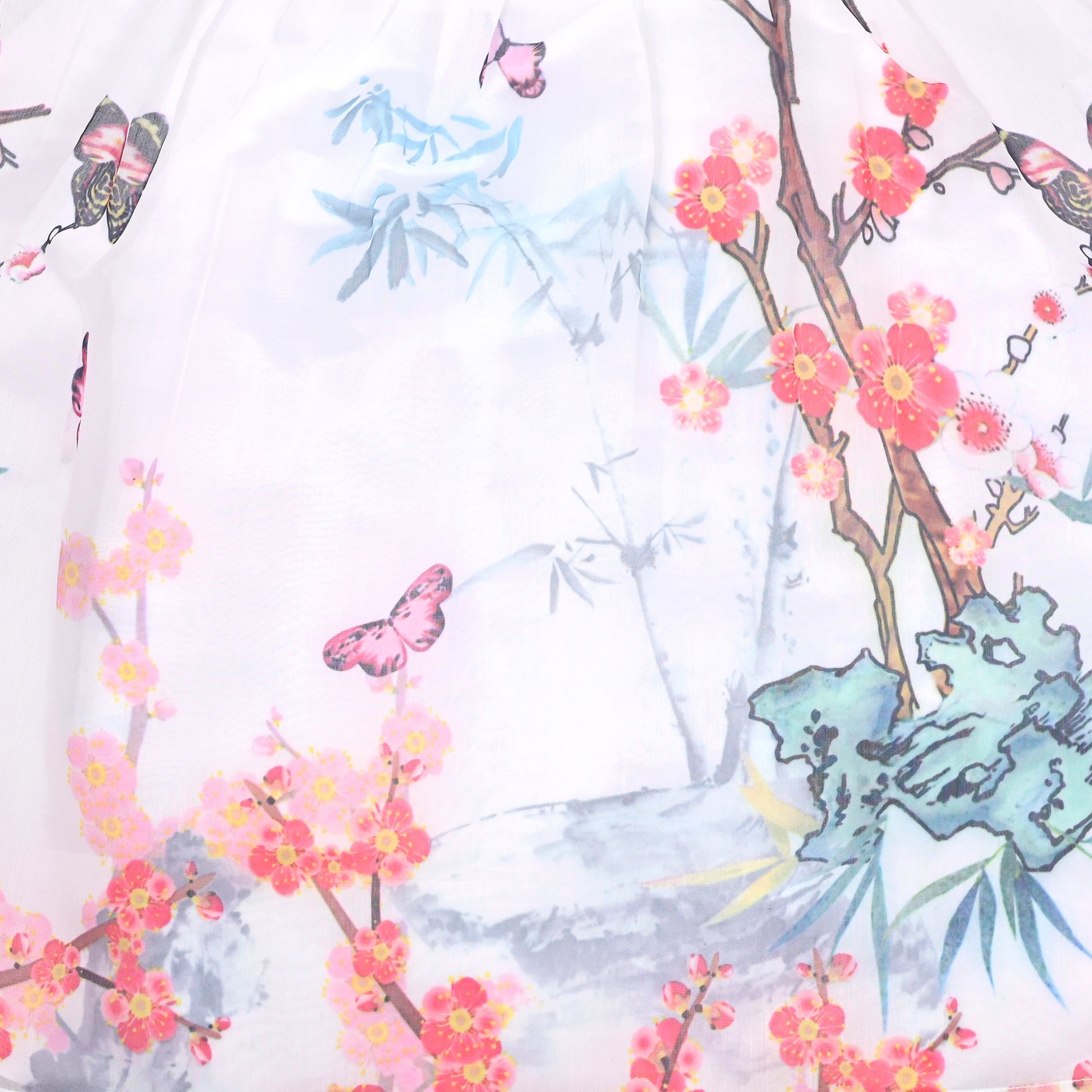 Girls Dress Floral Butterfly Organza Pearl Button Slit 3/4 Sleeve Traditional Party White