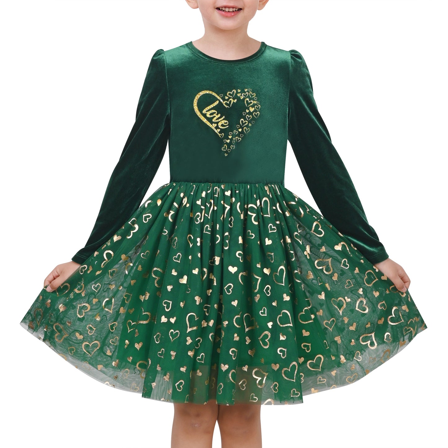 Girls Dress Black Heart Tulle Party Velvet Valentine's Day Party Green