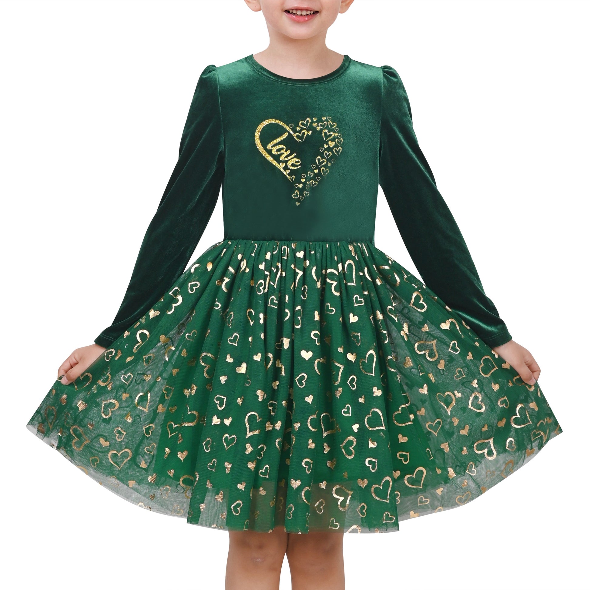 Girls Dress Black Heart Tulle Party Velvet Valentine's Day Party Green