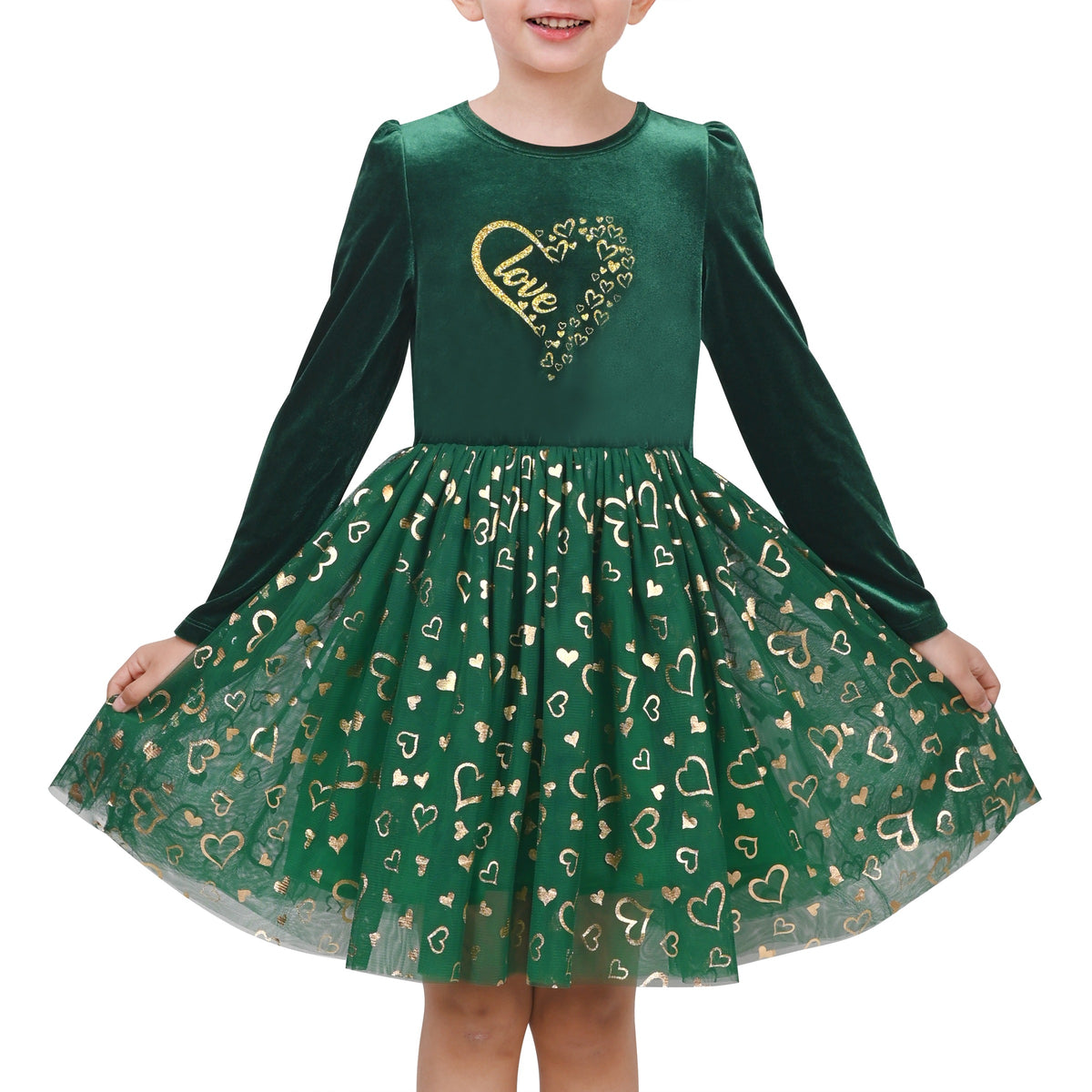 Girls Dress Black Heart Tulle Party Velvet Valentine's Day Party - Green Heart