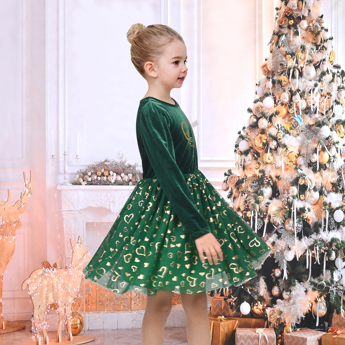 Girls Dress Black Heart Tulle Party Velvet Valentine's Day Party - Green Heart