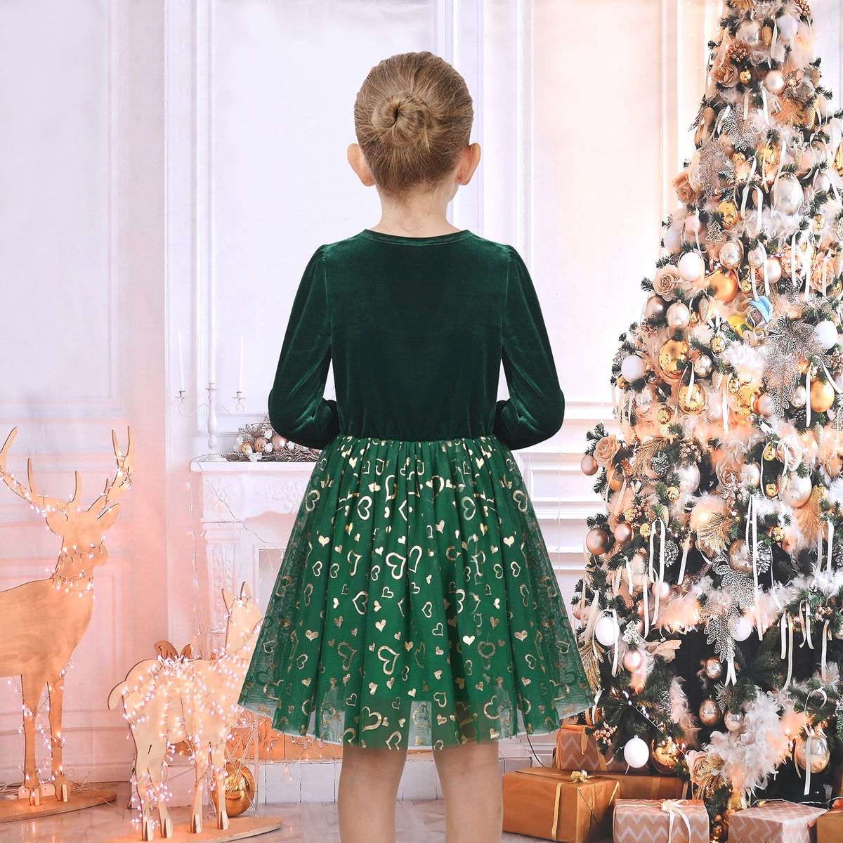 Girls Dress Black Heart Tulle Party Velvet Valentine's Day Party - Green Heart