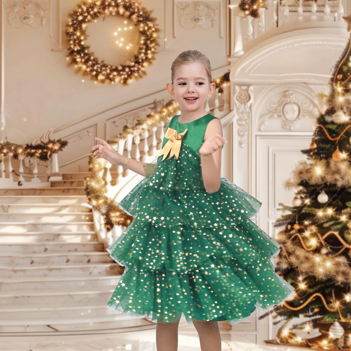 Girls Dress Colorful Glitter Sequin Ruffle Dress Princess Pageant - Green Xmas