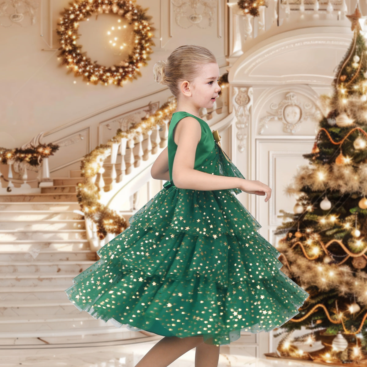 Girls Dress Colorful Glitter Sequin Ruffle Dress Princess Pageant - Green Xmas