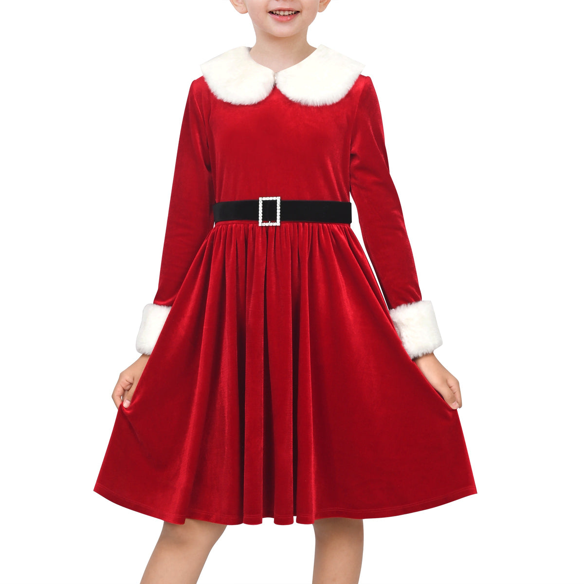 Girls Dress Christmas Hat Red Velvet Long Sleeve Holiday - Black Belt