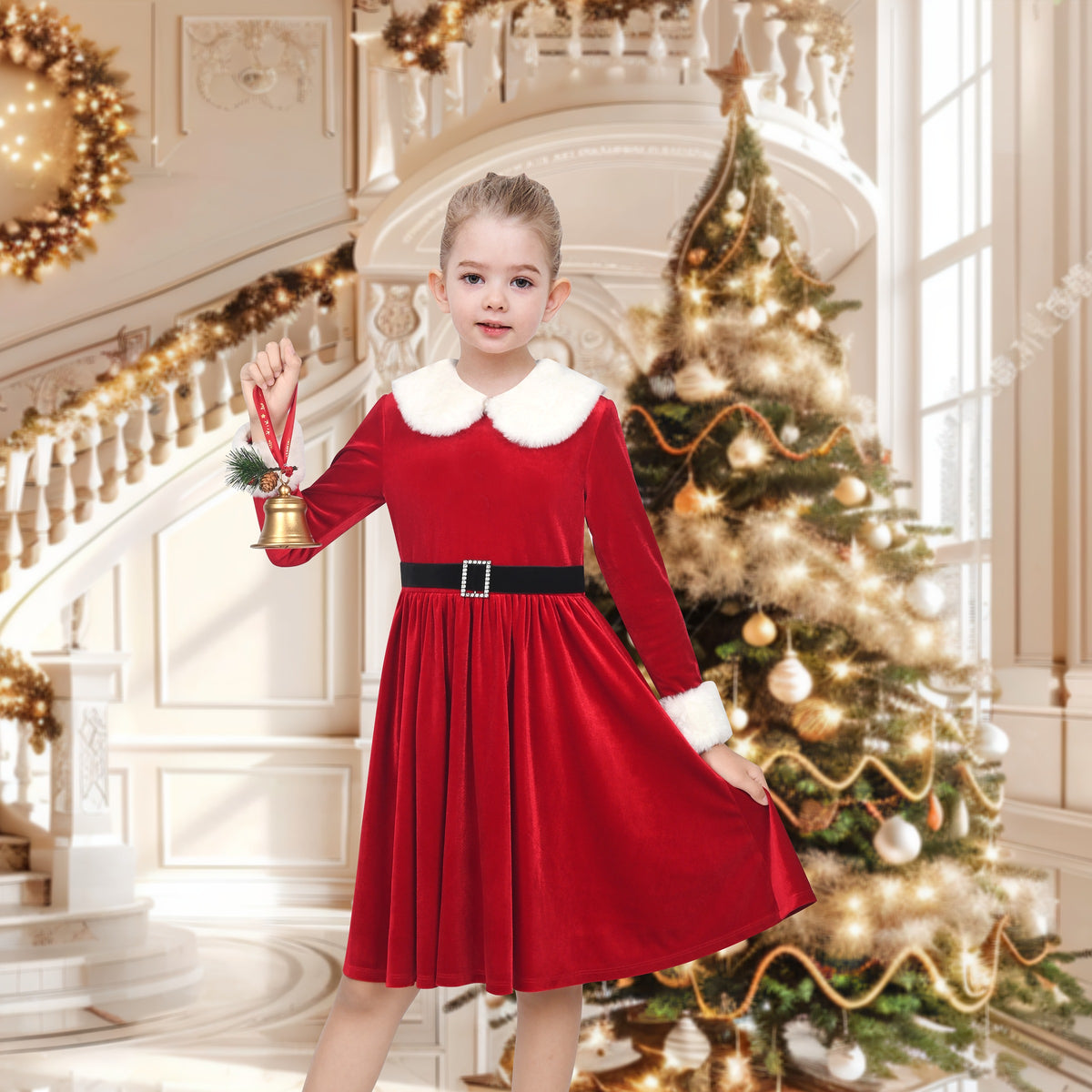 Girls Dress Christmas Hat Red Velvet Long Sleeve Holiday - Black Belt