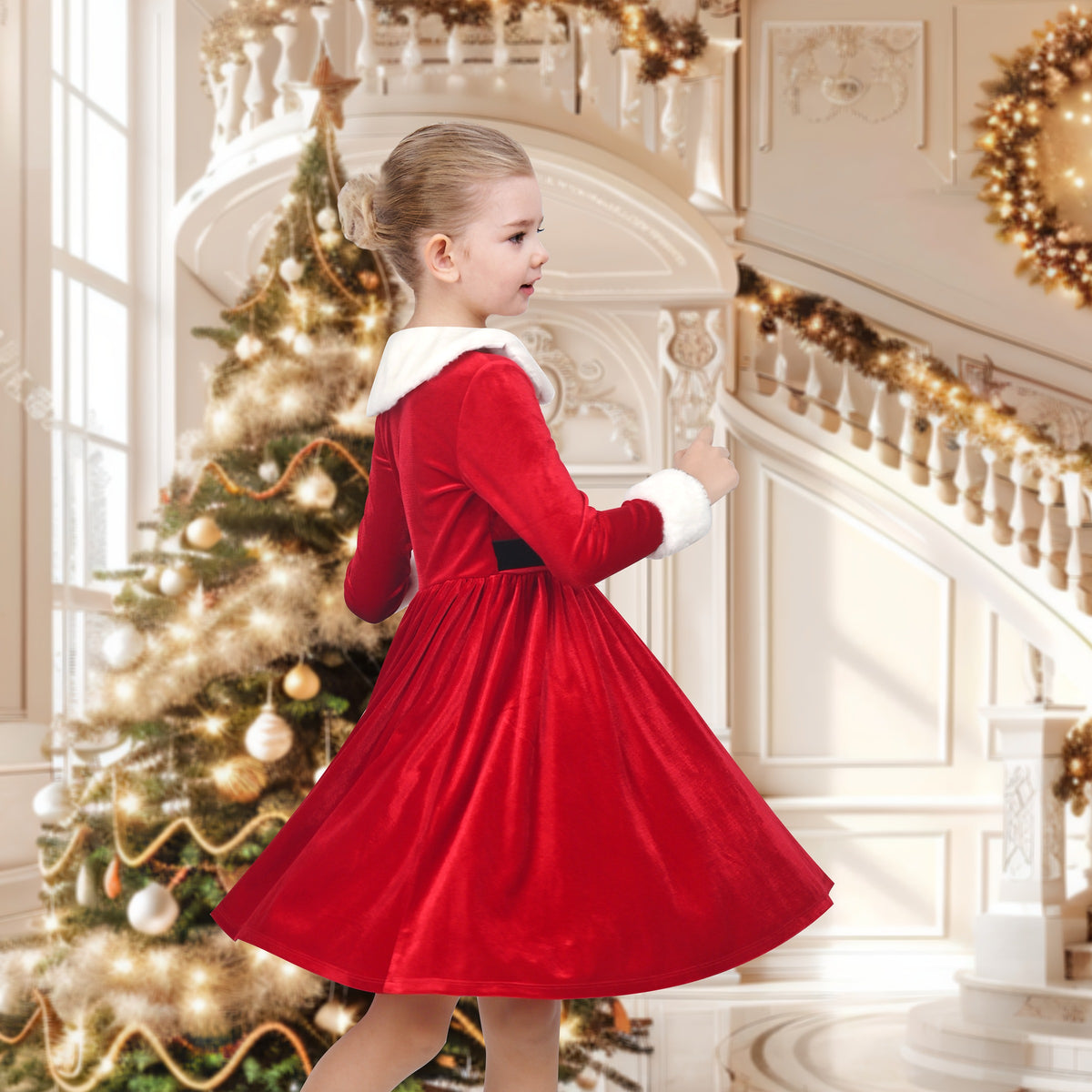 Girls Dress Christmas Hat Red Velvet Long Sleeve Holiday - Black Belt