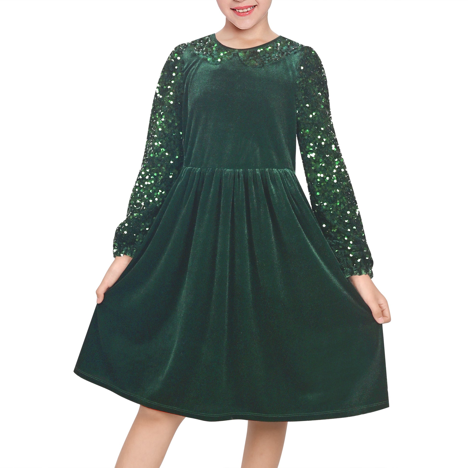 Girls Dress Pink Sequin Butterfly Vintage Long Sleeve Casual Warm Winter Green