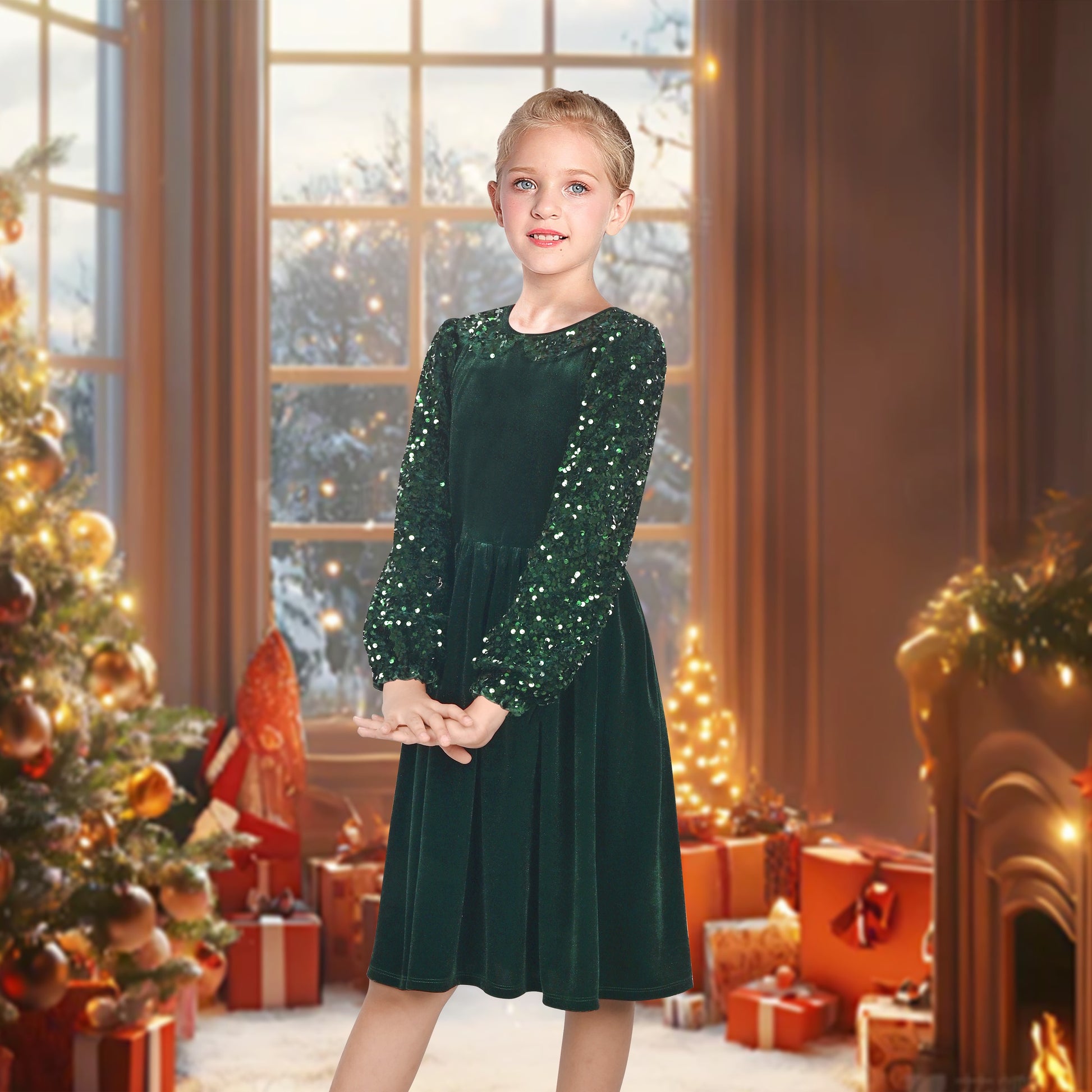 Girls Dress Pink Sequin Butterfly Vintage Long Sleeve Casual Warm Winter Green