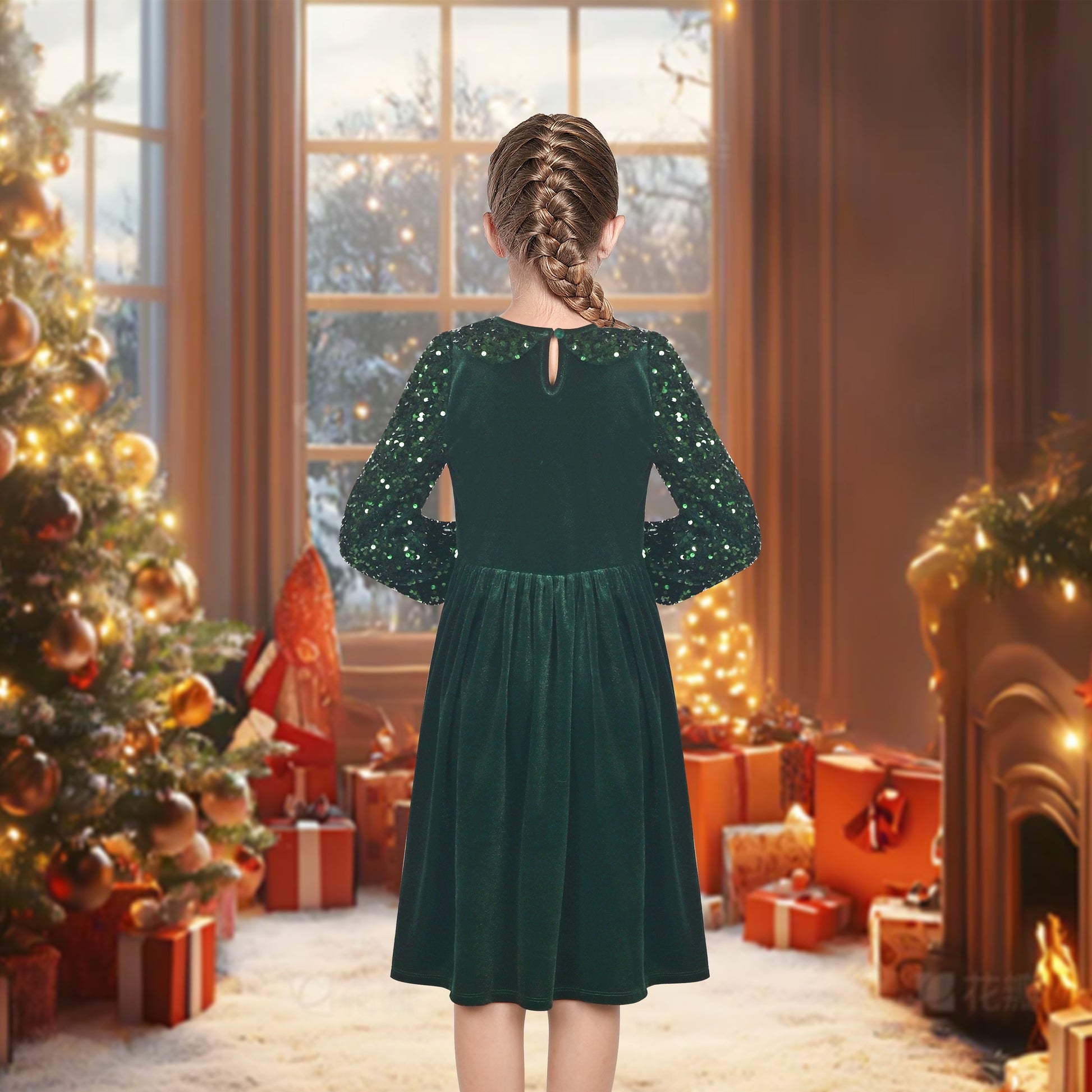 Girls Dress Pink Sequin Butterfly Vintage Long Sleeve Casual Warm Winter Green