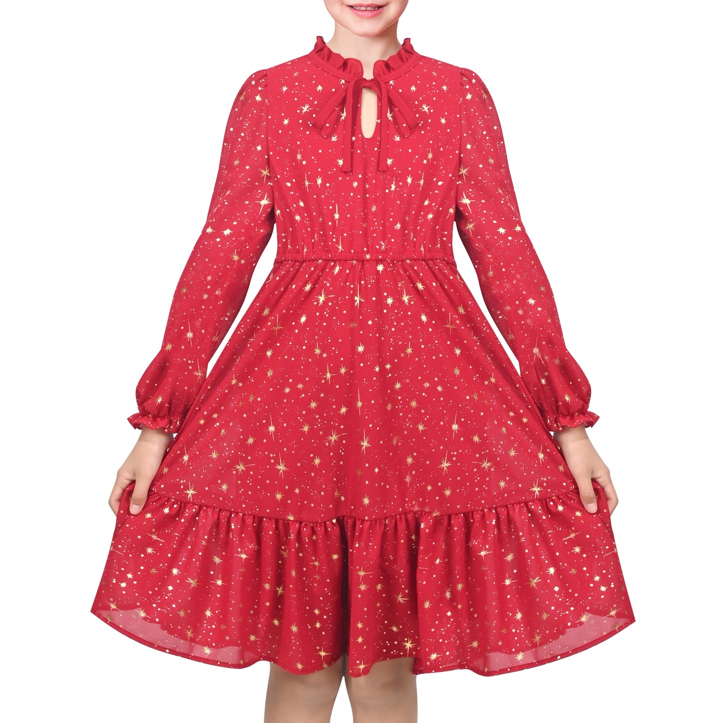 Girls Dress Crimson Golden Star Ruffle Collar Keyhole Tie Long Puff Sleeve Tiered Xmas Red