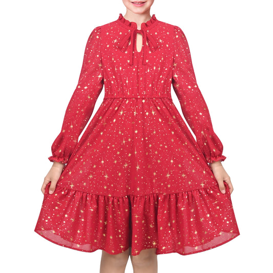 Girls Dress Crimson Golden Star Ruffle Collar Keyhole Tie Long Puff Sleeve Tiered Xmas Red