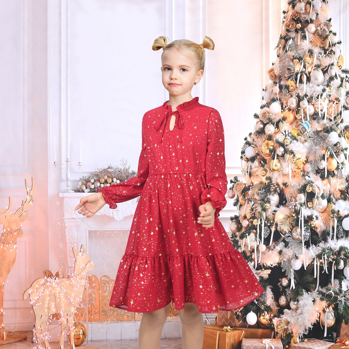 Girls Dress Crimson Golden Star Ruffle Collar Keyhole Tie Long Puff Sleeve Tiered Xmas Red