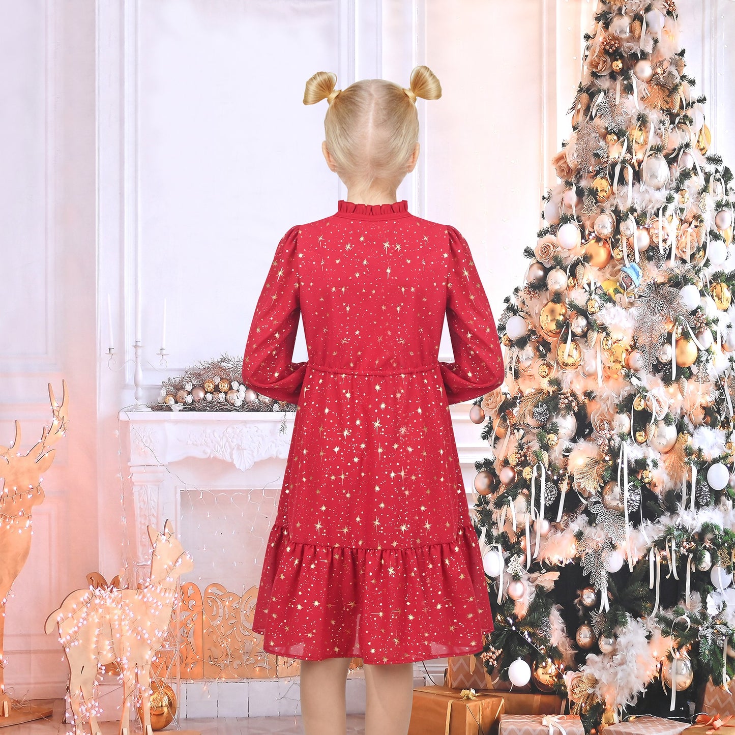 Girls Dress Crimson Golden Star Ruffle Collar Keyhole Tie Long Puff Sleeve Tiered Xmas Red