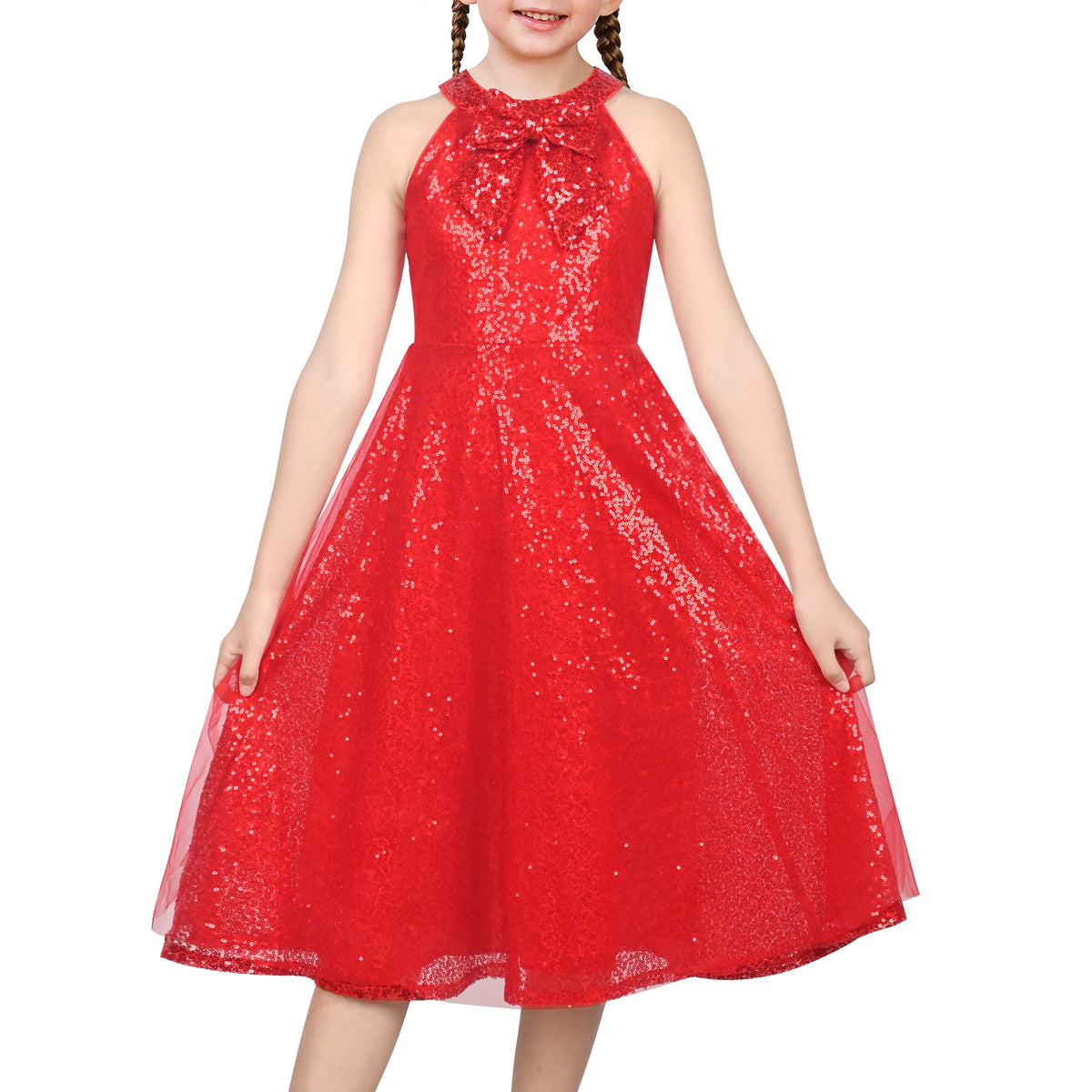Girls Dress Purple Butterfly Embroidered Halter Dress Party - Red Sequin