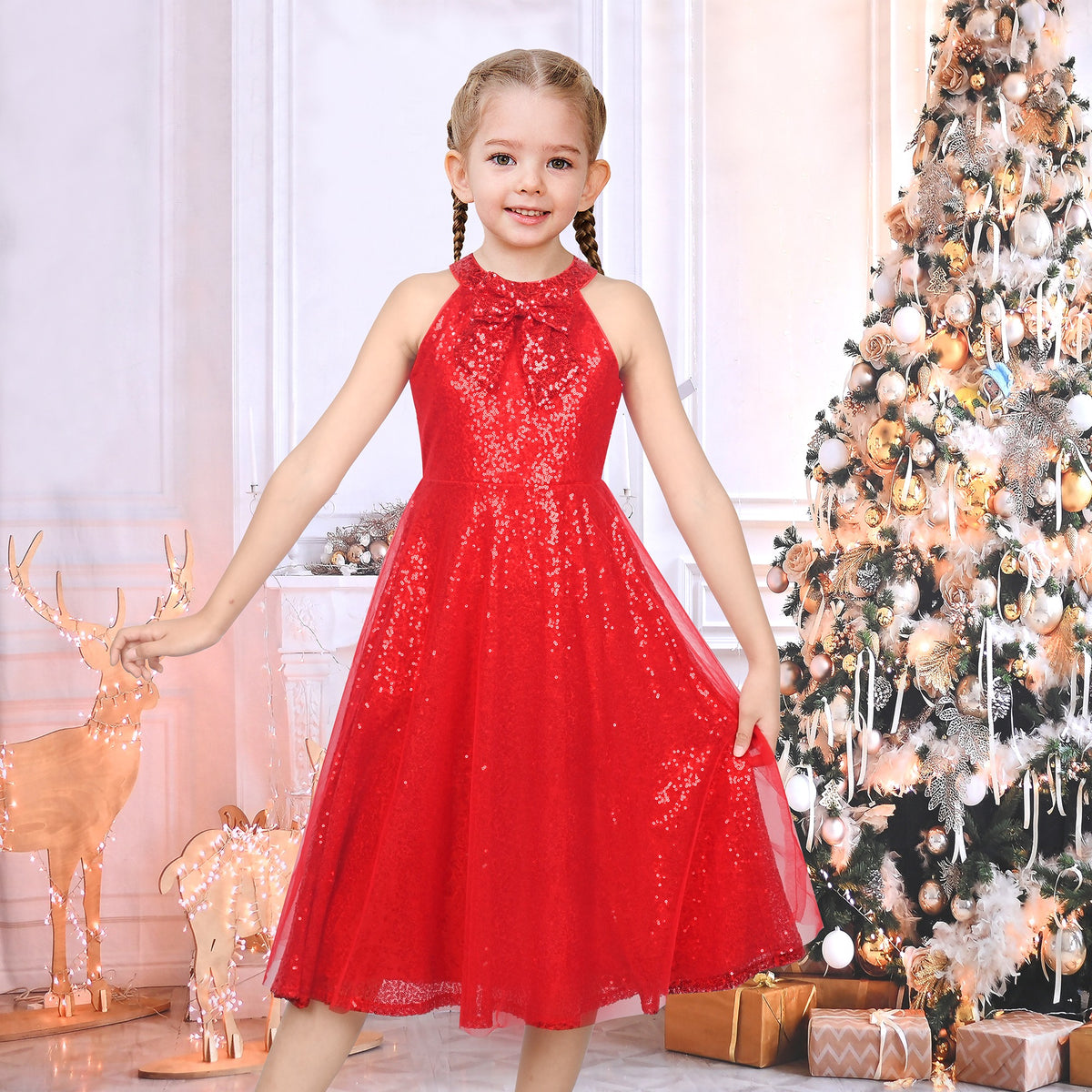 Girls Dress Purple Butterfly Embroidered Halter Dress Party - Red Sequin