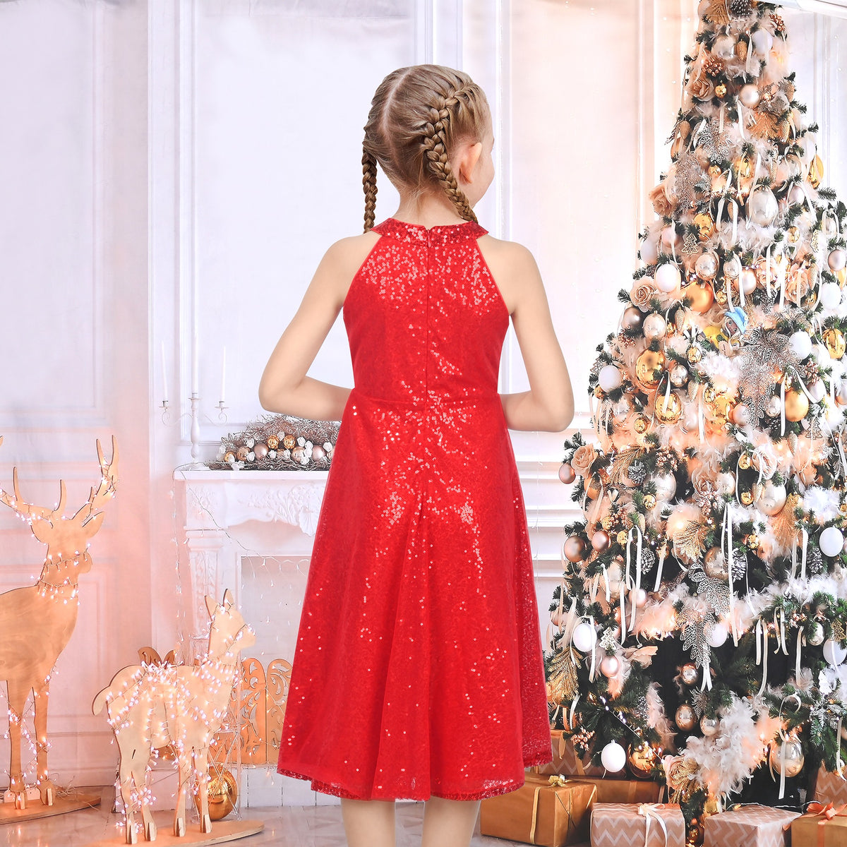 Girls Dress Purple Butterfly Embroidered Halter Dress Party - Red Sequin