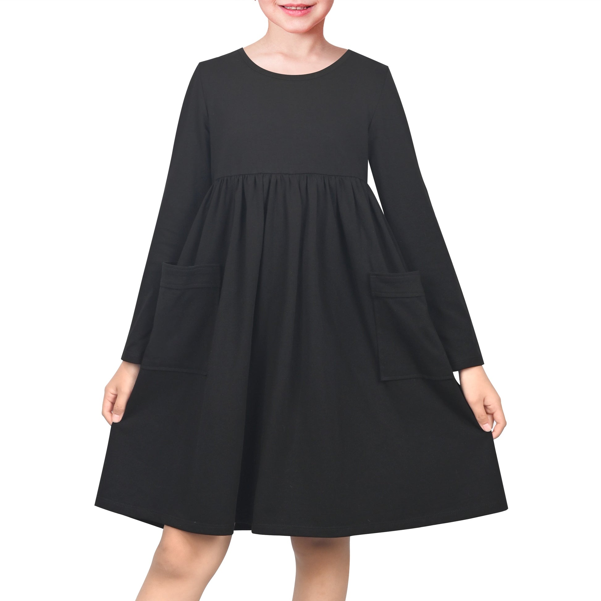 Girls Dress Yellow Casual Cotton Long Sleeve Dress Black