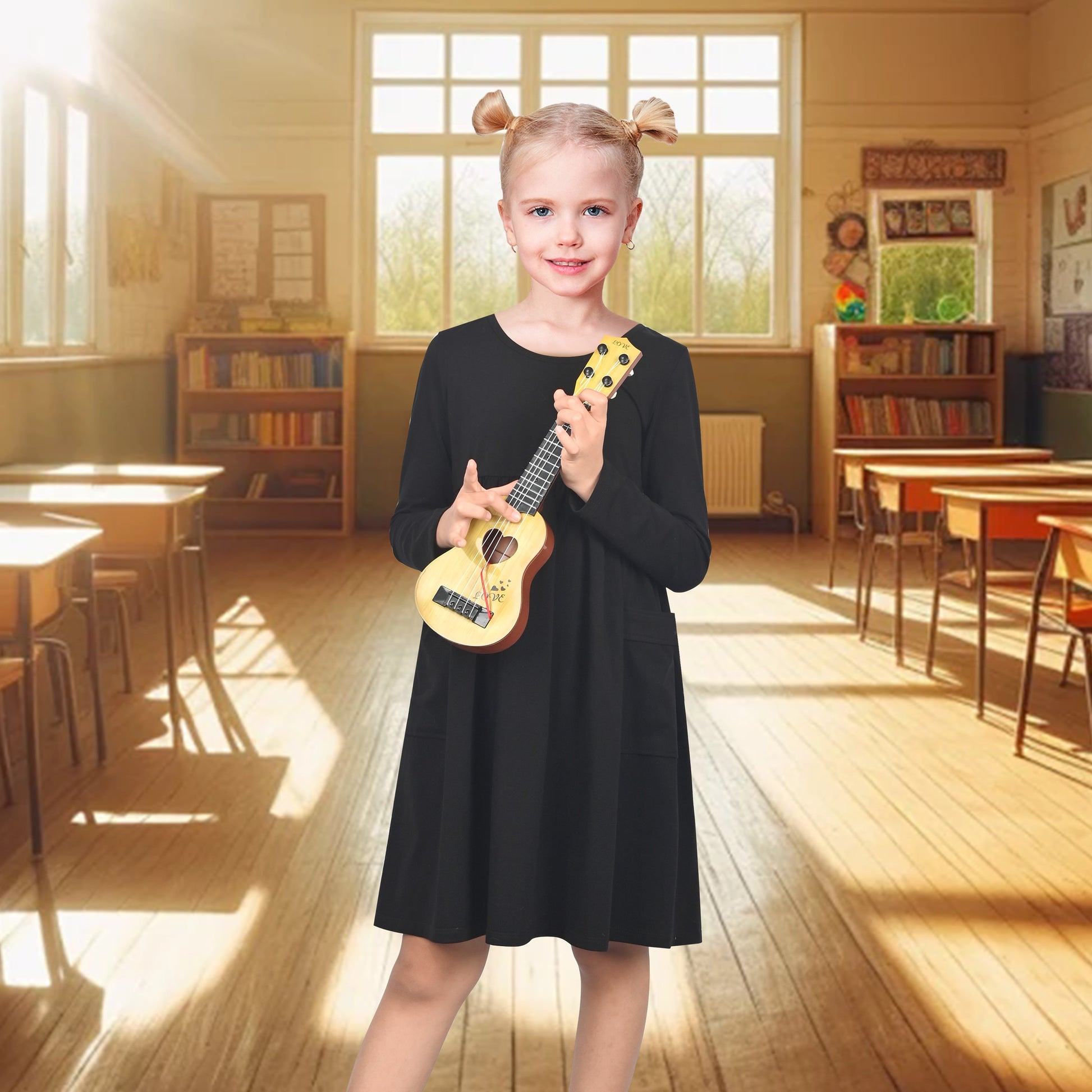 Girls Dress Yellow Casual Cotton Long Sleeve Dress Black