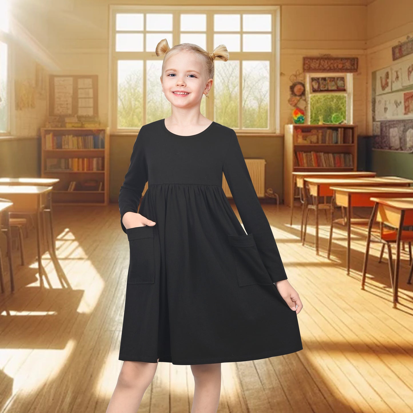 Girls Dress Yellow Casual Cotton Long Sleeve Dress Black