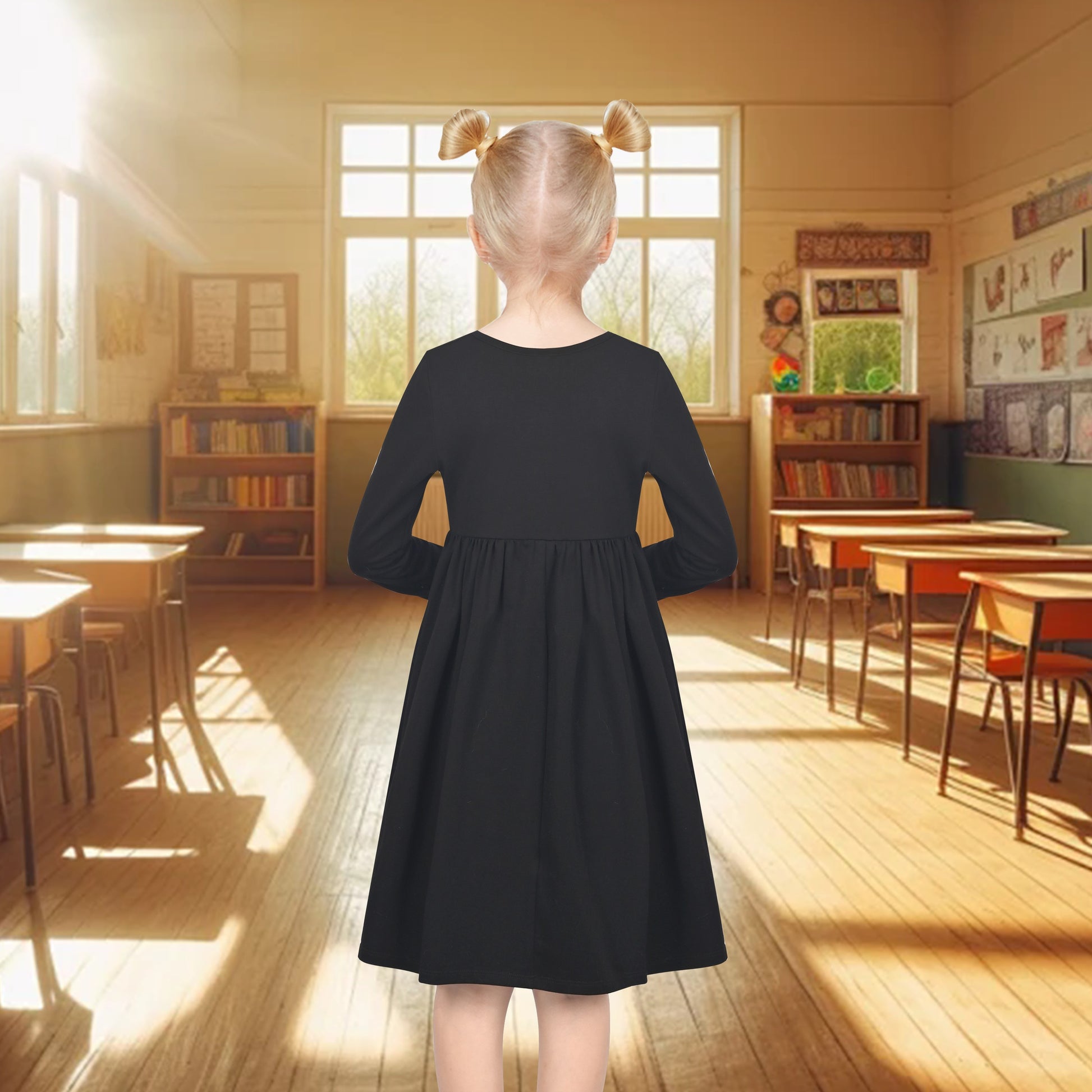 Girls Dress Yellow Casual Cotton Long Sleeve Dress Black