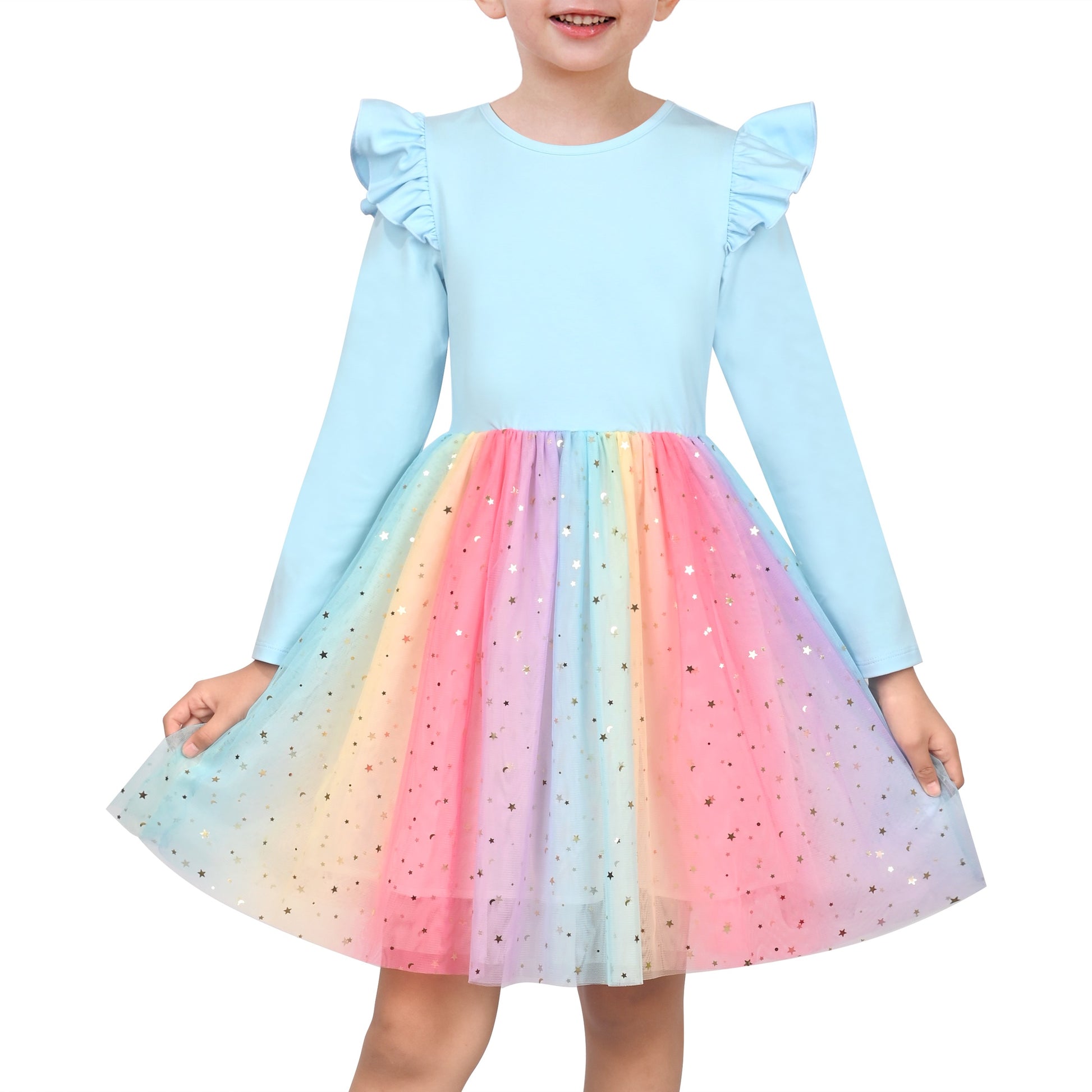 Girls Dress Sequin Stripe Ruffle Fairy Rainbow Colorful Long Sleeve Blue
