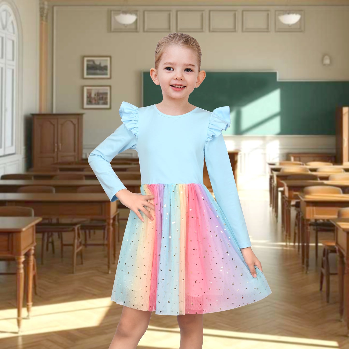 Girls Dress Sequin Stripe Ruffle Fairy Rainbow Colorful Long Sleeve Blue