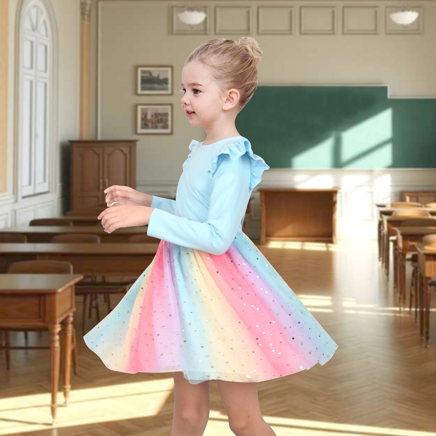 Girls Dress Sequin Stripe Ruffle Fairy Rainbow Colorful Long Sleeve Blue