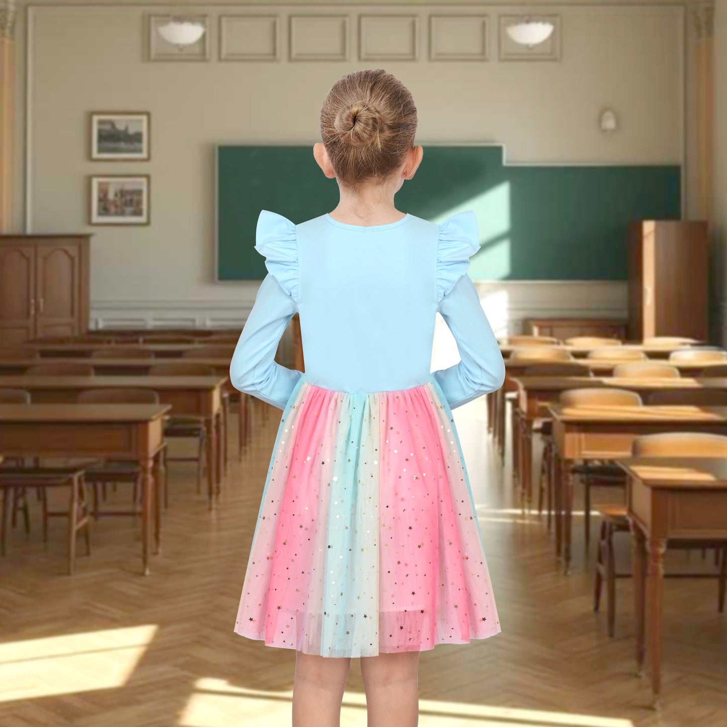 Girls Dress Sequin Stripe Ruffle Fairy Rainbow Colorful Long Sleeve Blue