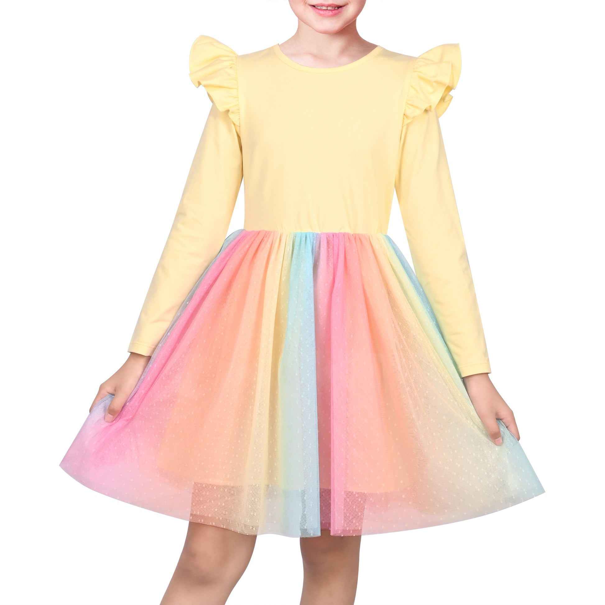 Girls Dress Sequin Stripe Ruffle Fairy Rainbow Colorful Long Sleeve Yellow