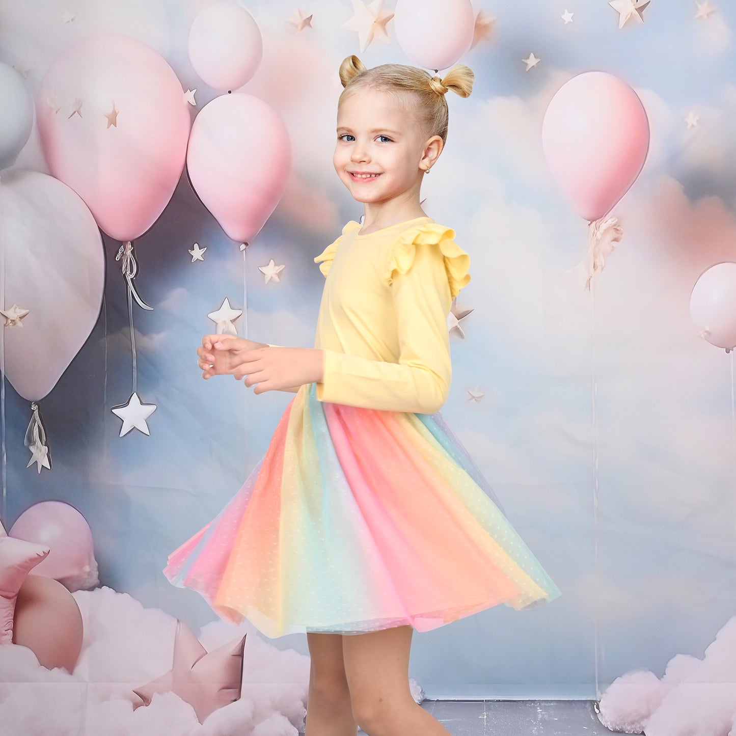 Girls Dress Sequin Stripe Ruffle Fairy Rainbow Colorful Long Sleeve Yellow