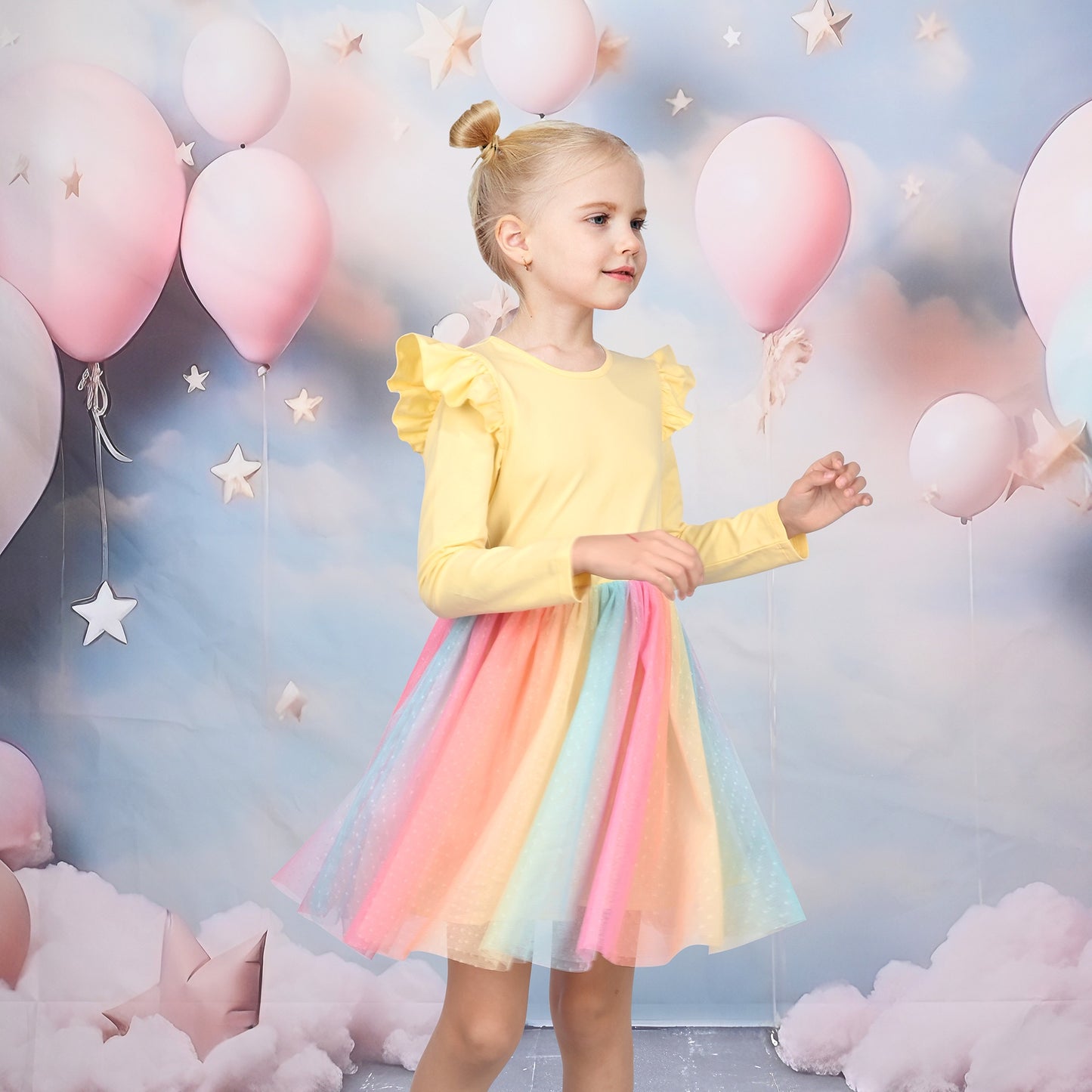 Girls Dress Sequin Stripe Ruffle Fairy Rainbow Colorful Long Sleeve Yellow
